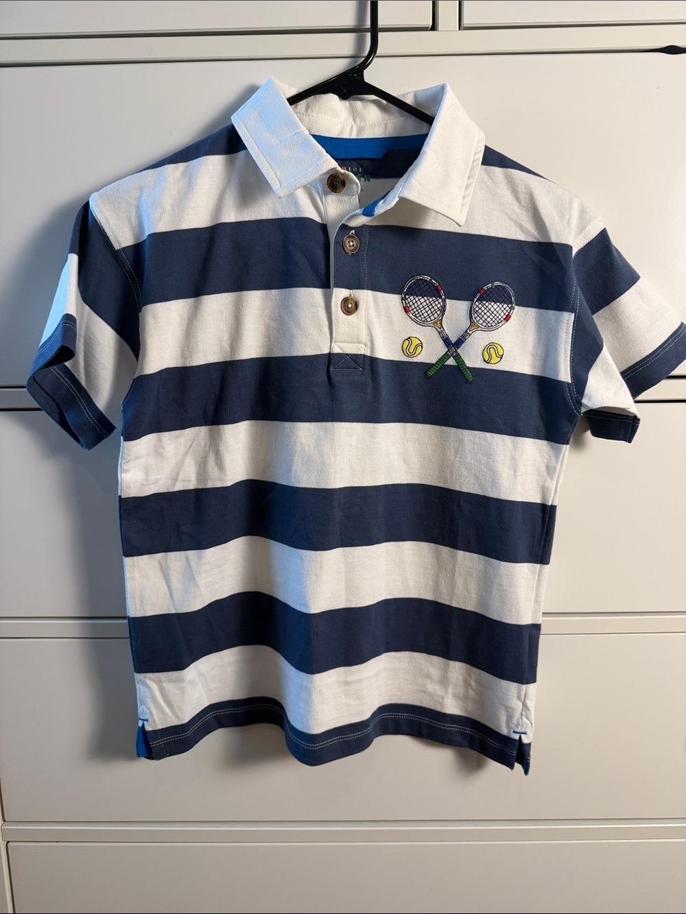 Mini Boden Relaxed Appliqué Polo Shirt- Robot Blue Tennis